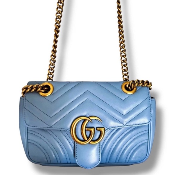 🩵 GUCCI Blue Matelassé Small GG Marmont Flap Shoulder Bag w/ COA + Dust Bag 🩵 - Picture 1 of 13